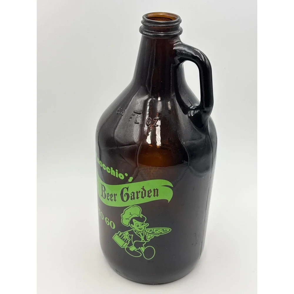 Pinocchios Beer Garden 64oz Amber Glass Growler Media PA Vintage Beer‎ Jug Pizza